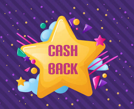 Creative colorful lettering labels with cash back in form figure star. Sticker cashback return, money refund tag, shopping, emblem advertisement banner template. vector illustration.のイラスト素材