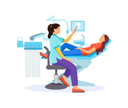 Dentist doctor examining patient girl lying at dentistry office chair vectorのイラスト素材