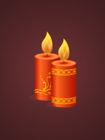 Chinese Traditional Happy New Year with realistic burning candles flame. burning fire. Chinese New Year candles with ornament. vector illustrationのイラスト素材