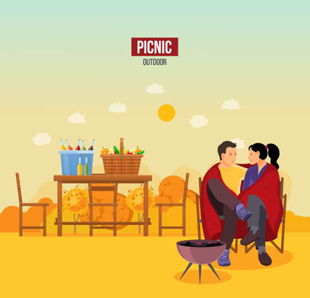 Couple man woman tourists hikers holding by fire sitting hugging on hiking camping, bask and cook food. Barbecue with barbecue, coals, sauces, condiments. Travelers adventure active lifestyle vectorのイラスト素材