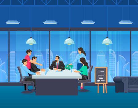 Business team working together behind conference desk in loft office co-working center. Colleagues working, talking, spending brainstorming in open space office. Modern workplace business teamwork vectorのイラスト素材