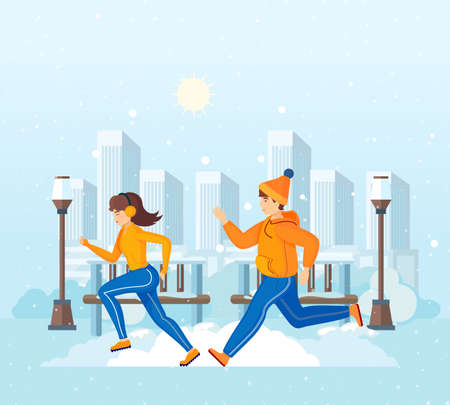 Vacation winter activity young. Couple together man and woman, run with each other on background of city park and skyscrapers buildings. Happy people lead an active lifestyle cartoon vectorのイラスト素材