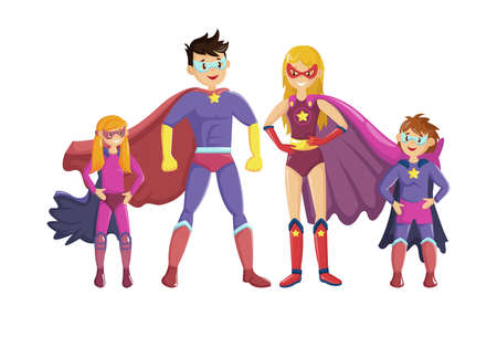 Superheroes smiling parents and their children stand showing muscles on hands together in super hero costumes with cape and masks. Happy family of superheroes. cartoon vector illustrationのイラスト素材