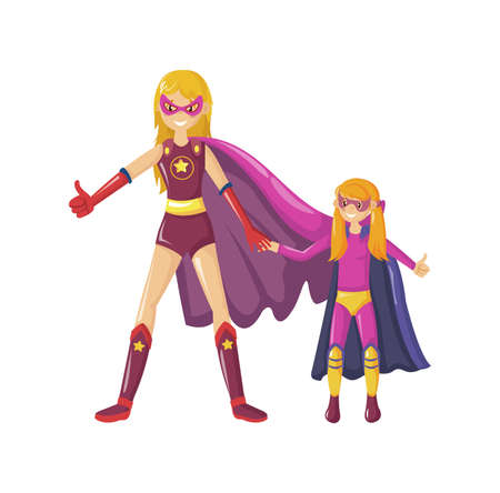 Superheroes mom stands holds daughter hand and shows class together in super hero costumes with cape and masks. family of superheroes. cartoon vector illustrationのイラスト素材