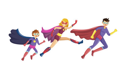 Superheroes parents and their children run to the rescue together in super hero costumes with cape...