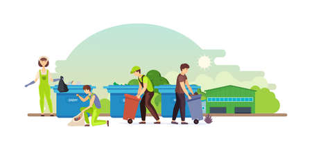 Group people volunteer clean up waste, employees are engaged in recycling garbage. Young girls and men gathering, sorting of garbage. Pollution protection, environment clean, ecology waste vectorのイラスト素材