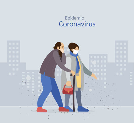 Group of elderly people in medical protective face masks, protection against chinese virus coronavirus epidemic vector illustrationのイラスト素材