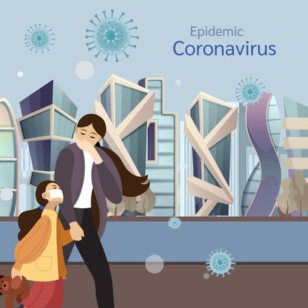 Tired mother and daughter walking near gray city buildings wearing protective face masks, protection against chinese virus vector illustrationのイラスト素材