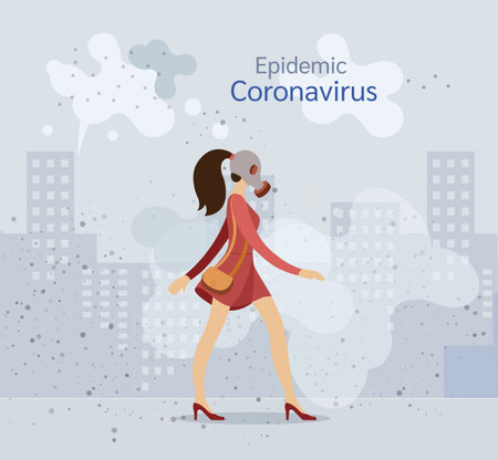 Coronavirus in China. Young woman in gas mask, protection against chinese virus vector illustrationのイラスト素材