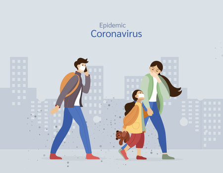 Group people with kid wearing protective face masks, protection against chinese virus vector illustrationのイラスト素材