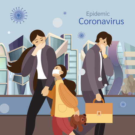 Tired group people walking near gray city buildings wearing protective face masks, protection against chinese virus vector illustrationのイラスト素材