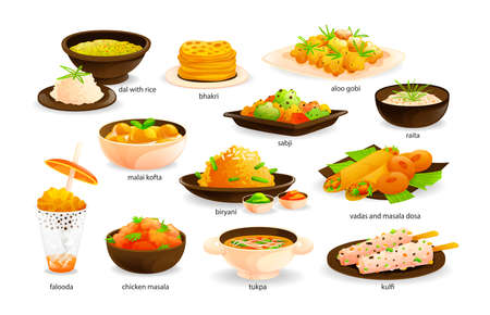 Indian cuisine traditional food set. India dishes menu restaurant breakfast dinner. Dishes with rice, meat, potatoes, tortillas, ice cream, vegetables, fish, eggs cartoon vectorのイラスト素材