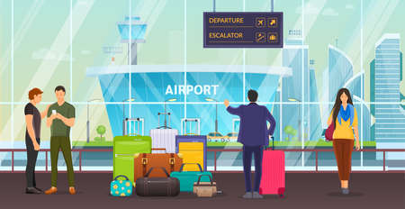 Passenger group people together waiting at the airport terminal. Passengers women men waiting to arrival and departure with luggage, suitcases, bags in the waiting room cartoon vector illustration.のイラスト素材