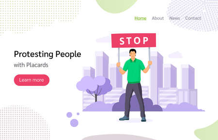 Protesting people man with placards with stop sign. Holding placards on strike or demonstration, man take part in rally, political meeting against war, environmental pollution landing page vectorのイラスト素材