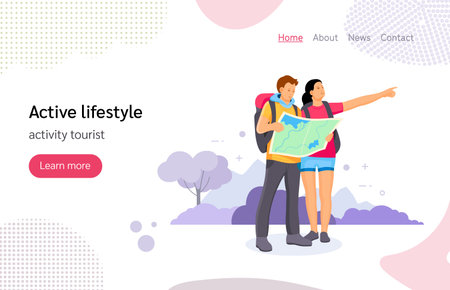 Tourists people group man woman couple hiking. Man on hiking trip holding map in his hands together with girl deciding what way to choose. Travelers hiking adventure, orienteering outdoor vectorのイラスト素材