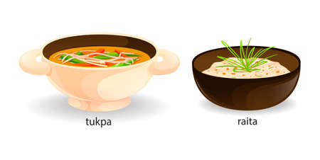 Traditional Indian dish tukpa, raita sauce. Thukpa - Tibetan noodle soup. India dishes menu restaurant breakfast and dinner cartoon vector illustrationのイラスト素材