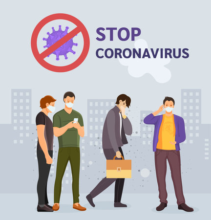 Coronavirus in China. Wuhan coronavirus 2019-nCoV. Stop corona virus. Group people wearing protective face masks, protection against chinese virus. Virus protection using medical mask vectorのイラスト素材