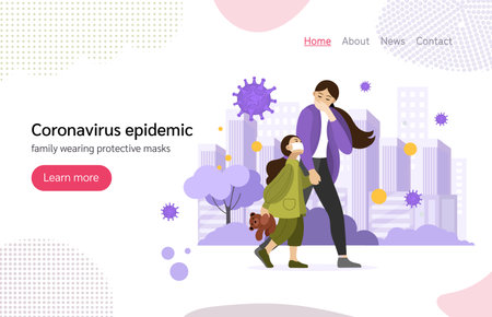 Coronavirus in China. New Wuhan coronavirus 2019-nCoV. Group people with kid wearing protective face masks, protection against chinese virus coronavirus epidemic landibg page vector illustrationのイラスト素材