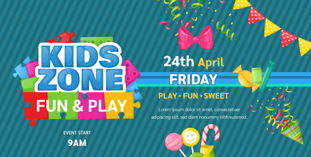 Kids zone entertainment childish banner for birthday party, childish fun party. Decoration for a children's playroom, kids game room. Party invitation, flyer template vector illustrationのイラスト素材