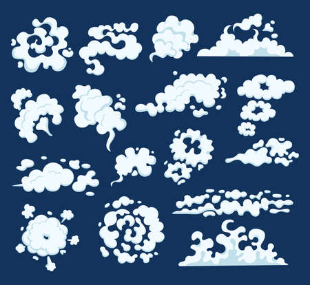 Comic smoke cloud templates. Smoking cartoon steam clouds, smoke from cigarettes, fire, fog, smoking cigarette cofee steam. Vector illustration isolated.のイラスト素材