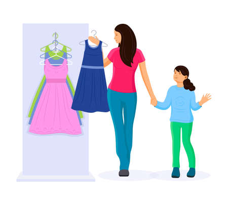 Woman shopping in a clothing store. Mom with little daughter choosing and trying on dress clothes during shopping at garment supermarket. Fashion, bags, accessories. vector illustrationのイラスト素材