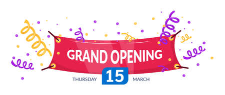 Grand opening label typography graphic design. Grand opening invitation, placard banners template. Layout for sale, advertising, banner, promo poster, promotion announce tag, sticker vectorのイラスト素材