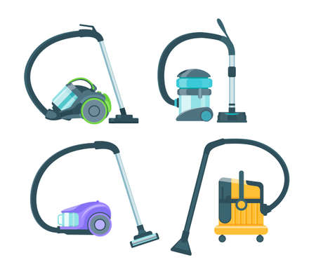 Vacuum cleaner equipment cartoon set. Washing robot cyclone and car vacuum cleaner. Professional cleaning equipment for home and business vector illustrationのイラスト素材