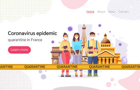 Group people students wearing protective face masks, protection against chinese virus, travelers in France. Quarantine in Paris. vector illustrationのイラスト素材