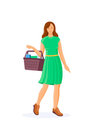 Women shopping in a clothing store. Girl with basket of buying in hands, choosing clothes and accessoires in store, garment supermarket. Purchases, modern fashion, style. vector illustrationのイラスト素材