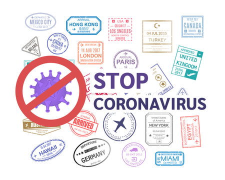stop coronavirus sign. Coronavirus outbreak. Ban on traveling to other countries. Stamp in passport for traveling an open passport vectorのイラスト素材