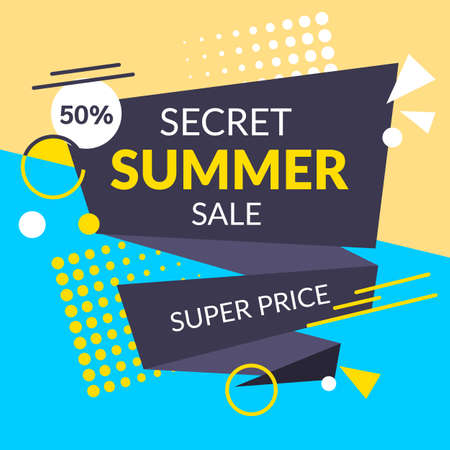 Memphis graphic retro funky graphic poster. Secret summer sale vintage trendy geometric shapes vector illustration abstract figure in pointillism memphis template for poster banner sale cover designのイラスト素材