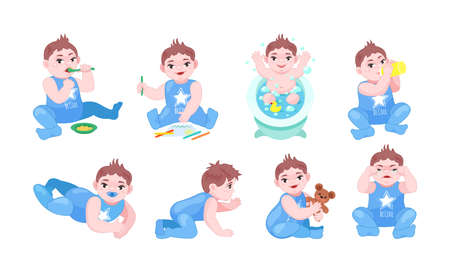 Cute baby boy set. Happy toddler daily activity eating porridge, drawing picture, taking bathroom, drinking from bottle, lying sucks on pacifier, hide whisper, playing bear toy, crying flat vectorのイラスト素材