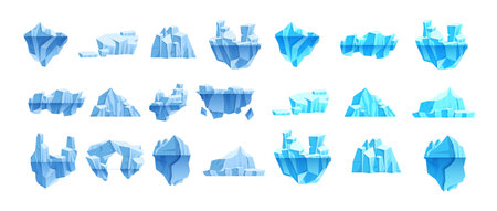 Floating glacier set. Natural iceberg in north sea or arctic ocean with melting ice peak and rocks at Antarctica. Icy mountains of snow in winter. Polar freezing underwater fragment cartoon vectorのイラスト素材