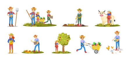 Agriculture farm workers set. Man and woman farmers agricultural planting crops, gathering harvest, collecting apples, feeding farm animals, carrying fruits vegetables, milking cow flat vectorのイラスト素材