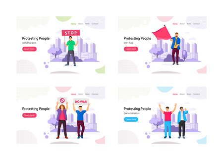Protesting people community online service landing page set. Internet advertising man and woman hold placard and banner with no war, stop, waving flag. Activists and protesters at meeting flat vectorのイラスト素材