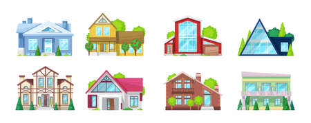 Retro and modern countryside houses set. Facade of suburb private building with triangle roofs, windows and doors decorative design. Comfortable dwelling street neighborhood exterior flat vectorのイラスト素材