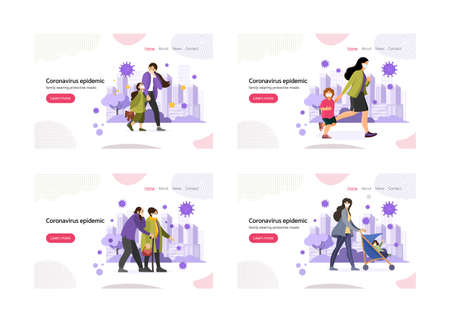 Coronavirus epidemic landing page set. Internet promo advertising with people wearing medical protective masks viral infection spreading prevention medicine health care service information flat vectorのイラスト素材