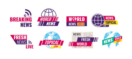 Breaking news label set. TV live headline titles icon design templates. Television broadcasting channel, world report communication. Professional media production cartoon vectorのイラスト素材