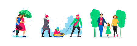 People outdoor leisure activity at different weather season set. Couple and family walking at rainy day under umbrella, sledding at winter, eating ice cream at summer. Nature recreation flat vectorのイラスト素材