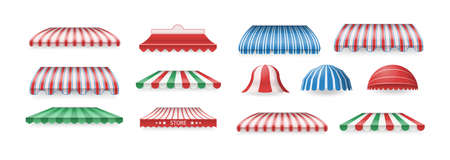 Multicolored striped awning set. Retro store street border over door window blind cover shade. Outdoor building exterior umbrella for grocery market or cafe. Storefront roof decor design flat vectorのイラスト素材