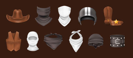Protective costume disguise wear set. Hat, scarf, balaclava, sheriff shoes and belt, traditional Wild West cowboys apparel, racing helmet. Military protection war uniform for hiding face vector flatのイラスト素材