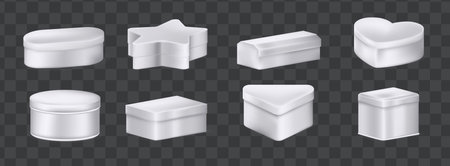Realistic metal box mockup set. Aluminum containers boxes packaging different shapes oval, round low jar, high cylindrical can, tea square heart star metal stainless box vectorのイラスト素材