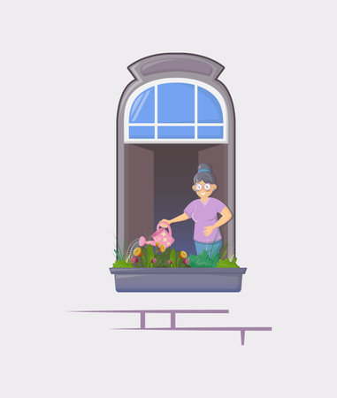 Neighbors in windows of old house. House building facade with open windows and people. Cartoon characters elderly woman in opened window watering flowers on windowsill vector. Quarantine conceptのイラスト素材