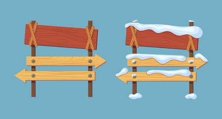 Wooden sign boards blank empty planks or signboards. Summer and winter road sign, pointers for information, advertising. Round, square, arrow shapes empty wooden for message illustration vectorのイラスト素材