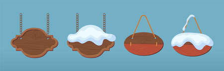 Wooden sign boards blank empty planks or signboards. Summer and winter road sign, pointers for information, advertising. Round, square, arrow shapes empty wooden for message illustration vectorのイラスト素材