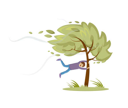 Natural disasters, severe weather conditions hurricane, rain. Man holding on to tree fleeing stormy wind. Swirling tornado, rainstorm with strong wind breaks treesのイラスト素材