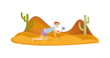 Natural disasters, severe weather unfavorable environmental conditions. Man in desert crawling on his knees on sands in desert without water cartoon vector illustrationのイラスト素材