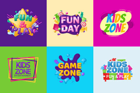 Kids zone fun day entertainment set childish banner label sticker badge logo. Cartoon colorful logo for children's playroom decoration, fun play, kids zone vector illustrationのイラスト素材