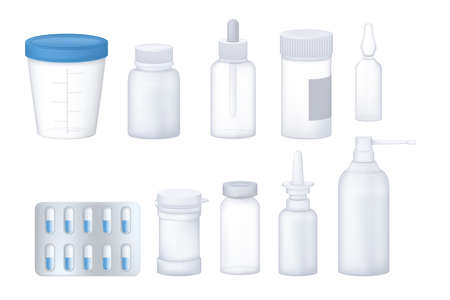Pharmaceutical medical packaging mockup set of empty transparent 3D packaging: container for tablets, bottle, syrups, sprays, blister, tube, aerosol can. Medical plastic packaging vector illustration.のイラスト素材