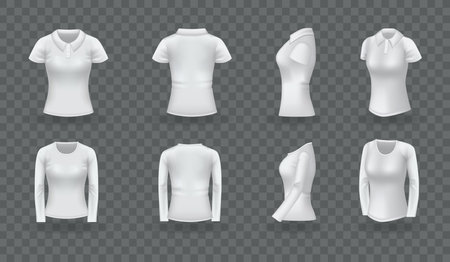 Realistic shirt women set. White blank classic t-shirt mock up isolated on transparent dark background. Shirt design templates clothes for everyday wear. Spread back and side view vectorのイラスト素材